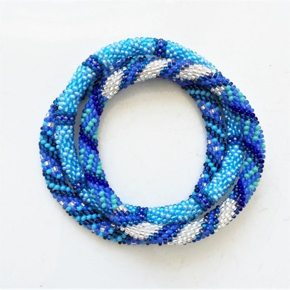 Shades of Blue Beaded Roll-on Bracelets--set of 3 - Picture 2 of 3